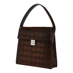 Furla Vintage Croc Embossed Leather Shoulder Bag Brown Made in Italy